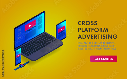 Cross-device programmatic advertising isometric concept web template. Online marketing target on multi device - laptop and mobile gadgets Tablet PC, phone and smart watch.