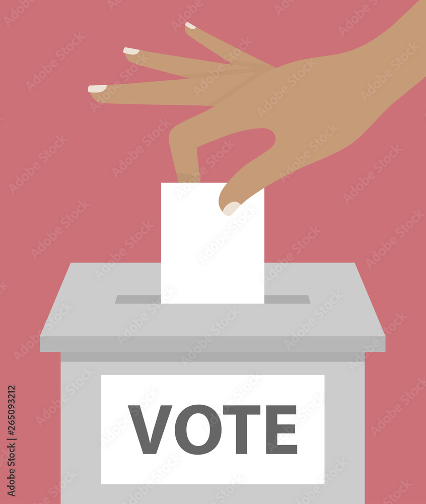Voting concept. Woman's hand putting white envelope into the ballot box Voting concept. Woman's hand putting white envelope into the ballot box