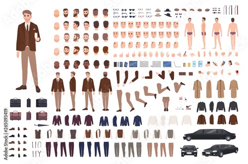 Classy stylish man in suit creation set or constructor kit. Bundle of body parts, poses, faces, emotions, formal clothes. Male cartoon character. Front, side, back views. Flat vector illustration.