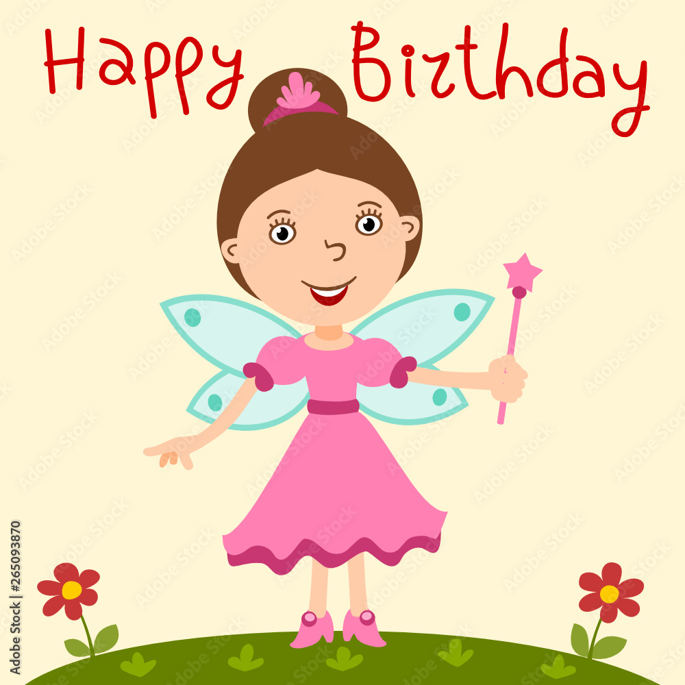 Beautiful fairy with a magic wand in cartoon style - happy birthday card. Beautiful fairy with a magic wand in cartoon style - happy birthday card.