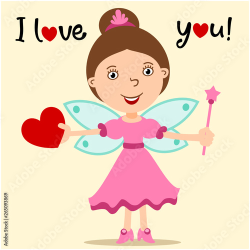 Beautiful fairy with a magic wand and a red heart in her hands - happy Valentine's day