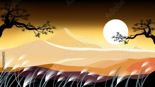 Panorama landscape of autumn countryside farm field, wild grass, tree, mountain with sunset in evening, Vector Mid autumn festival background for greeting card, banner, poster template with copy space