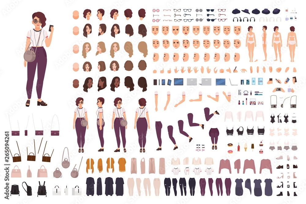 © Good Studio - Stylish girl animation kit or creation set. Bundle of body parts, casual clothes, accessories. Trendy street style outfit. Female cartoon character. Front, side, back views. Flat vector illustration.