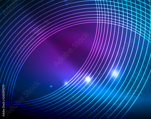 Blue neon circles, abstract circular lines. Glowing circle abstract pattern background