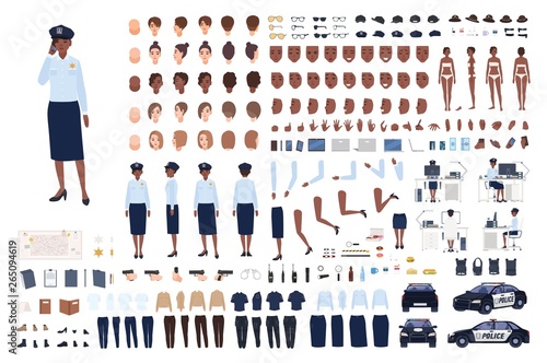 Policewoman constructor set or DIY kit. Bundle of female police officer body parts, gestures, poses, emotions, work uniform, workplace isolated on white background. Flat cartoon vector illustration.