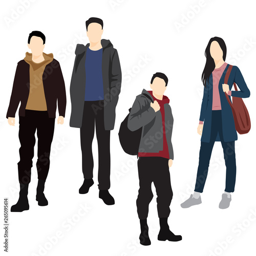 Set of silhouettes of men and women standing in different poses, cartoon character, group of business people in outerwear, vector illustration, flat designe icon, multicolored isolated on white backgr
