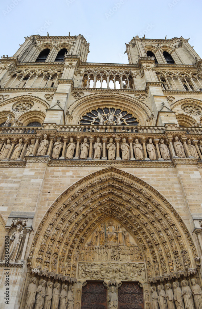 Marvelous sculptural and architectural details of Notre Dame Cathedral in Paris France. Before the fire. April 05, 2019