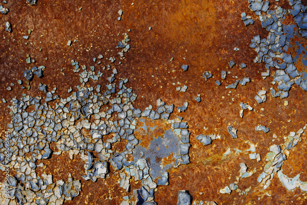 Fototapeta premium Rusty metal, old blue cracked paint. Background