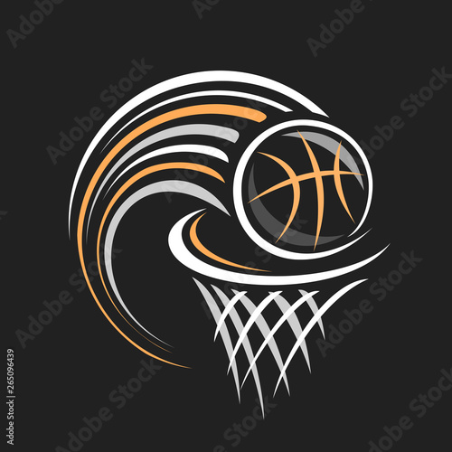 Vector logo for Basketball, decorative badge with basketball ball flying on trajectory in basket with net on black background, sports chalk sketch on blackboard.