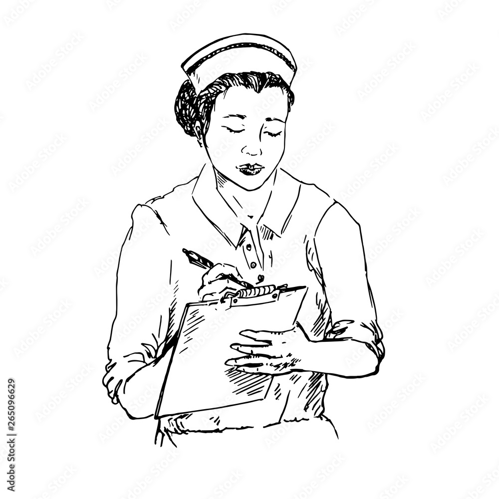 Nurse standing and writing, hand drawn doodle, sketch in pop art style, black and white vector illustration Nurse standing and writing, hand drawn doodle, sketch in pop art style, black and white vector illustration