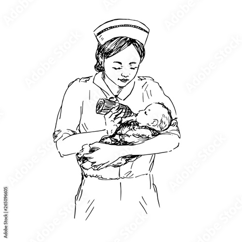 Nurse feeding newborn baby from bottle, hand drawn doodle, sketch in pop art style, black and white vector illustration