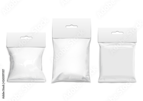 Flexible bag of Foil. Food snack pillow Realistic package. Polyethylene packing of goods. Mock up for brand template. vector illustration.