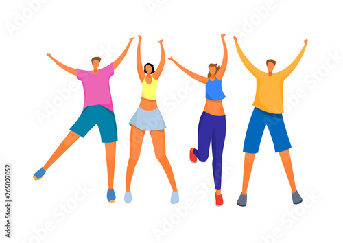 Group of young happy people. Boys and girls happily raised their hands up. Friends on summer vacation. Vector illustration.