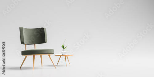 Modern armchair with wooden small coffee table isolated on soft gray background. 3D illustration. photo