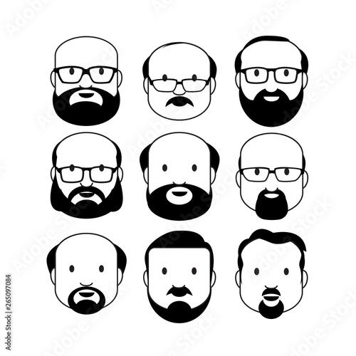 Old Men Male Human Face Head Hair Hairstyle Mustache Bald People Fashion. Design flat avatar for social media. Vector illustration