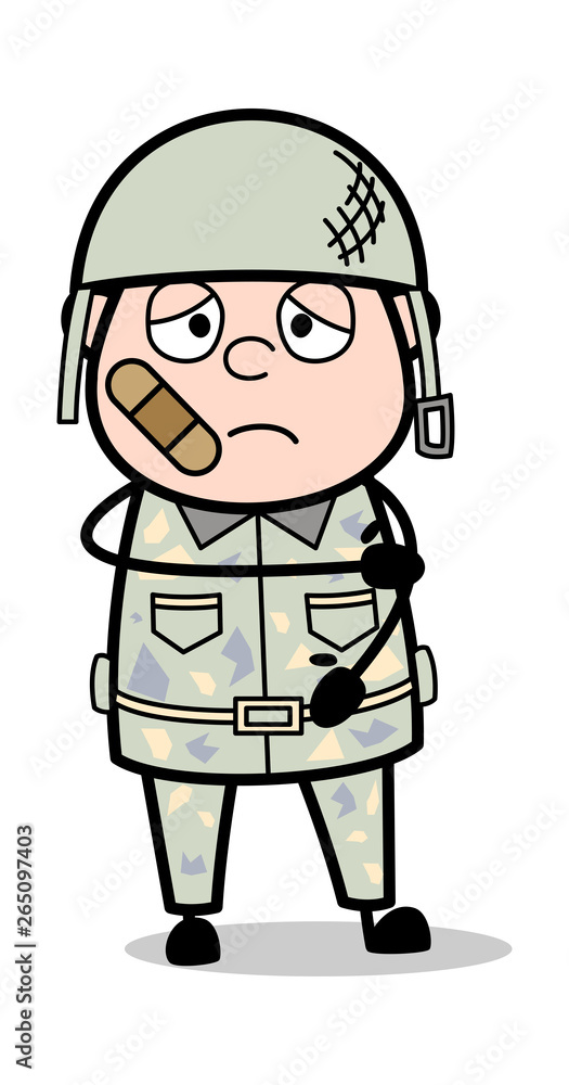 Bandage on Face - Cute Army Man Cartoon Soldier Vector Illustration