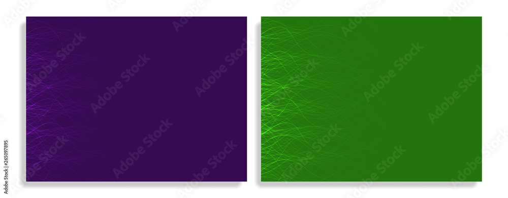 Abstract vector backgrounds with glowing curved beams. Purple and green.