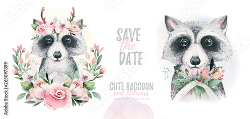 Watercolor cartoon isolated cute baby raccoon animal with flowers. Forest nursery woodland illustration. Bohemian boho drawing for nursery poster, pattern