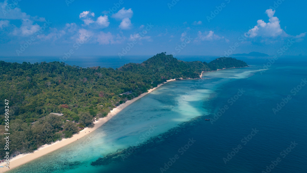 Aerial drone view of beautiful tropical Koh Kradan paradise island in Thailand