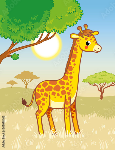 Giraffe stands in the savannah. Cute african animal in cartoon style.