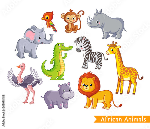Vector set with african animals. A collection of cute mammals in the savannah.