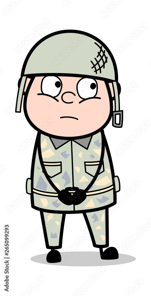 Fototapeta premium Watching Innocently - Cute Army Man Cartoon Soldier Vector Illustration