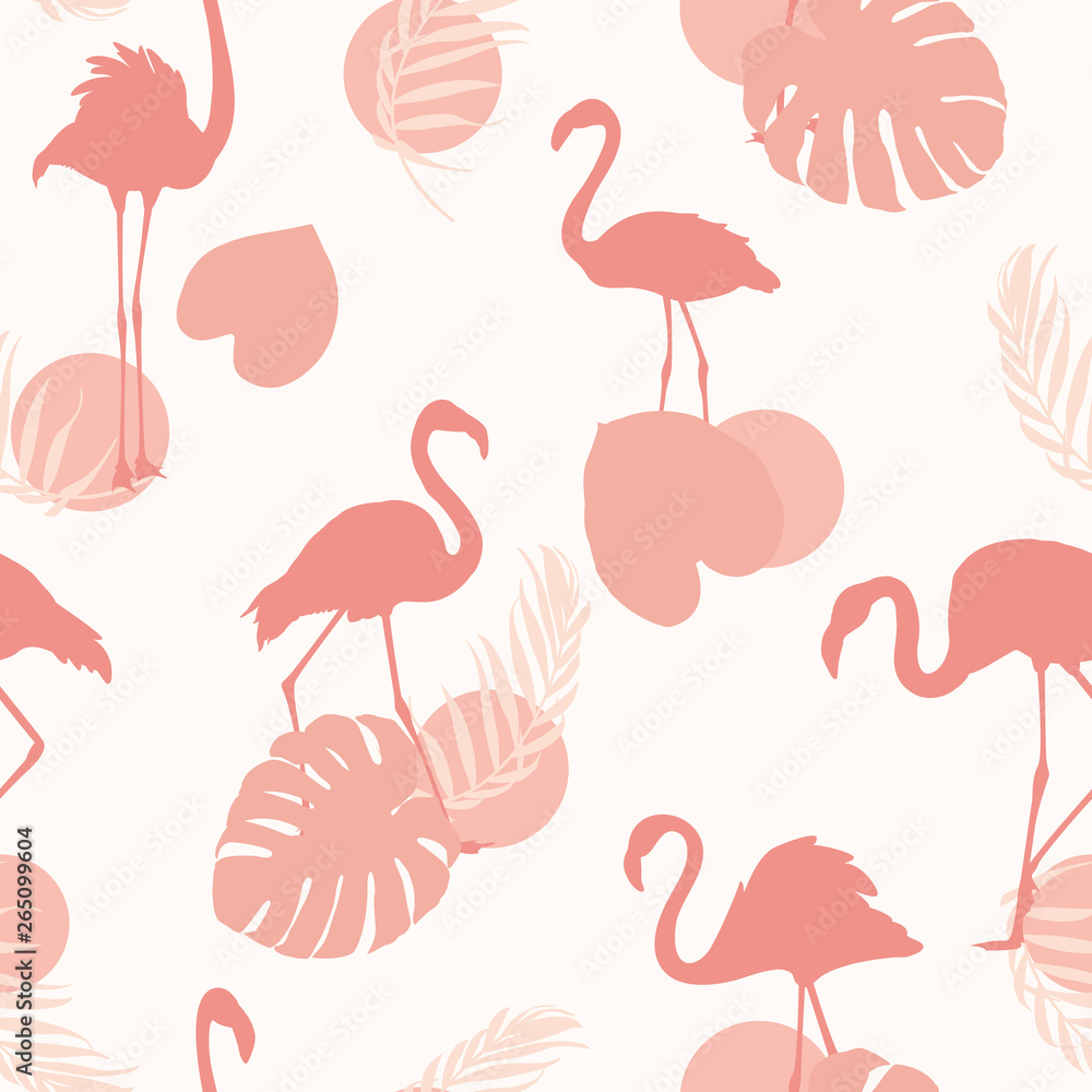 Obraz premium Exotic pink flamingo birds. Tropical leaves shapes. Seamless pattern texture.