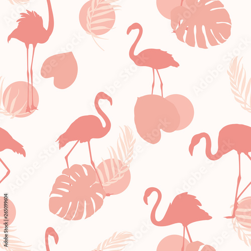 Exotic pink flamingo birds. Tropical leaves shapes. Seamless pattern texture.