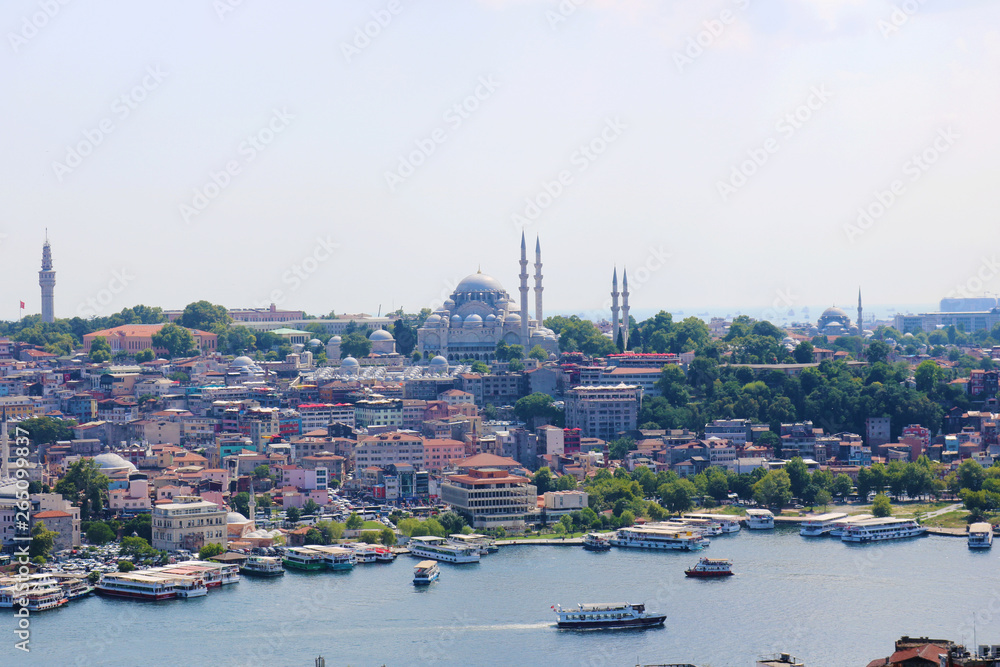 Panoramic view of the historic peninsula of Istanbul. Hagia Sophia and Sultan Ahmet Mosque from the Galata Tower