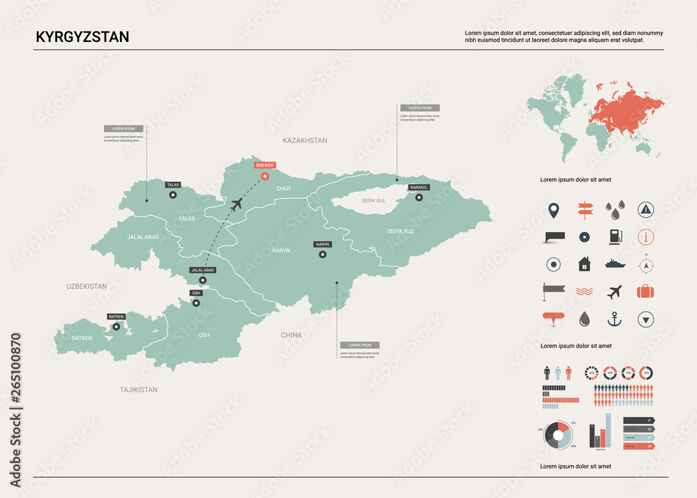 Vector map of Kyrgyzstan. High detailed country map with division, cities and capital Bishkek. Political map,  world map, infographic elements.