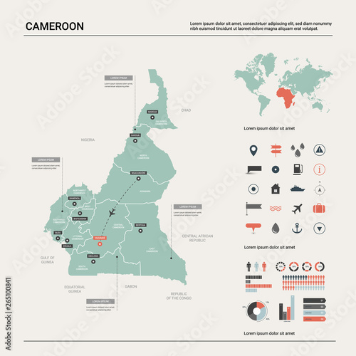 Vector map of Cameroon. High detailed country map with division, cities and capital Yaounde. Political map, world map, infographic elements.