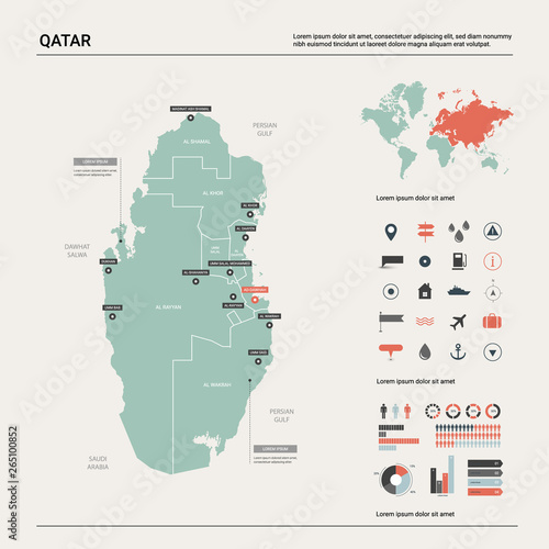 Vector map of Qatar. High detailed country map with division, cities and capital Doha. Political map, world map, infographic elements.