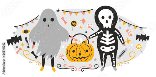 Halloween composition with funny spooky ghost and skeleton holding Jack-o'-lantern full of candies