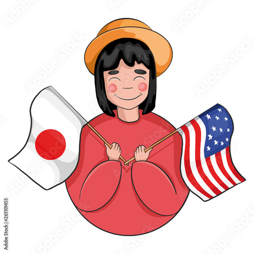 young girl holding flags of two countries. flags of japan and usa. Japanese girl