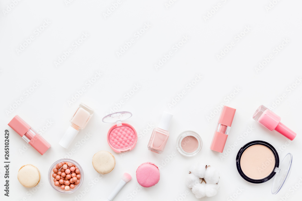 Obraz premium make-up accessories and fashion stylish cosmetics on white desk background top view mock up