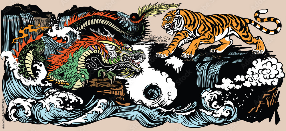 Fototapeta Zielony smok wschodnioazjatycki kontra tygrys w krajobrazie z wodospadem i falami wodnymi. Ilustracja wektorowa w stylu graficznym zawiera symbol Yin Yang