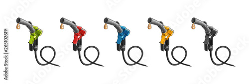 fuelling nozzles in different colours with drop of fuel illustration