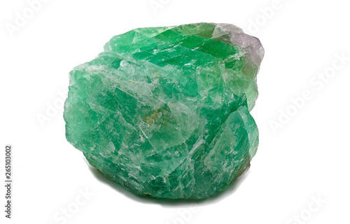 Green magenta and translucent fluorite mineral stone crystal isolated on white limbo background