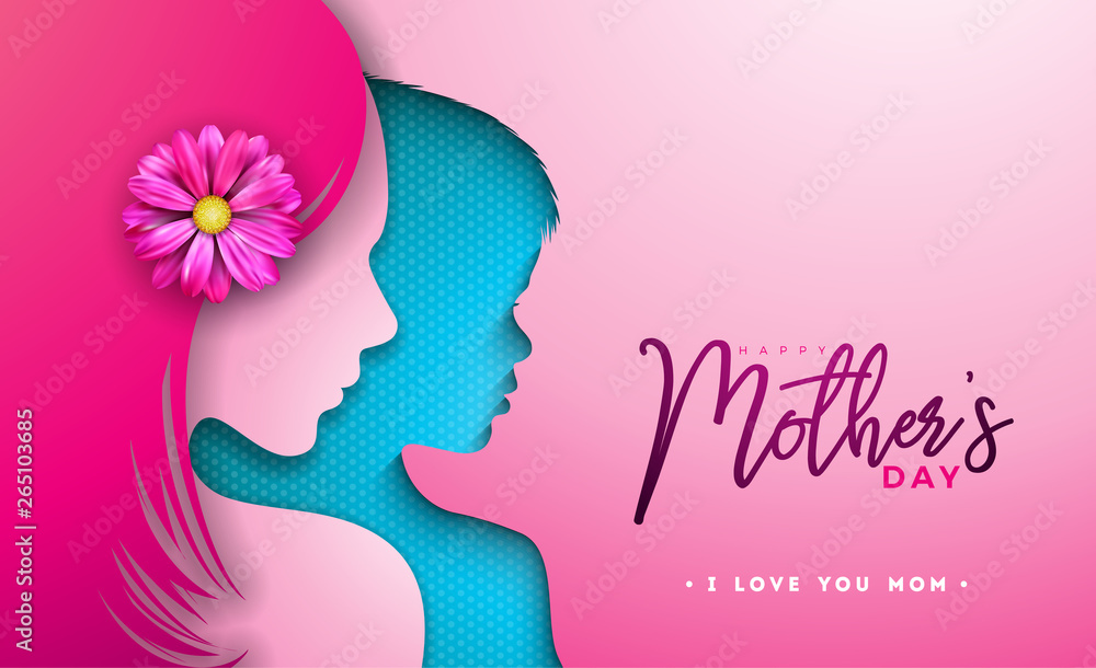 Happy Mothers Day Greeting card design with woman and child face silhouette on pink background. Vector Celebration Illustration template with typography letter for banner, flyer, invitation, brochure