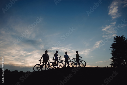 Four cyclist on hill at evening sky. Group of cyclists walking with bicycles at sunset sky. Happy weekend outdoors.