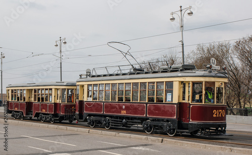 MOSCOW - APRIL 20 2019: KM+KP old tram on the Boulevard Ring