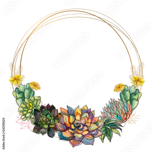 Round gold frame with succulents. Watercolor. Vector