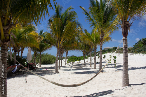 Hammocks on a paradise beach in Mexico