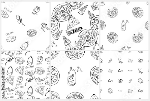 Seamless pattern set with hand drawn pizza slices.
