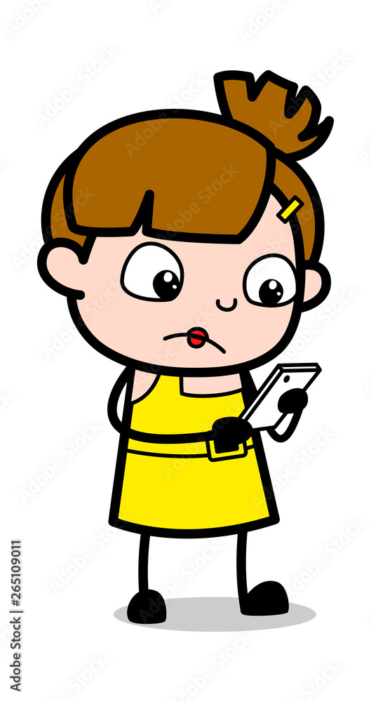 Smartphone User - Cute Girl Cartoon Character Vector Illustration