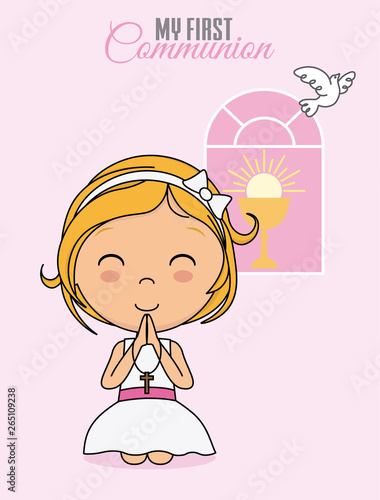 First communion card. Praying girl