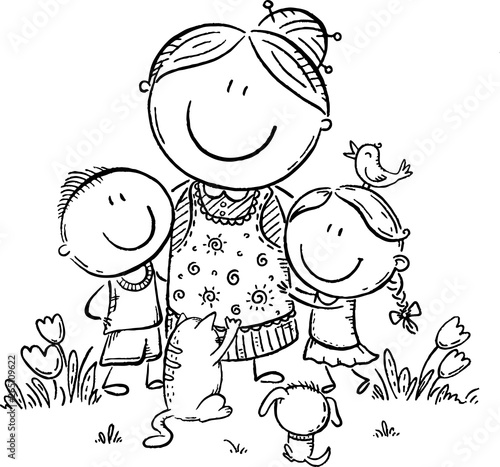 Everyone loves granny, grandmother with grandchilren and pets