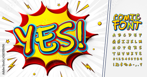 Comics font. Cartoon alphabet in pop art style. Multilayer letters and numbers with halftone effect. Funny typeface for decoration comic book page, banners, children's illustration, educational books