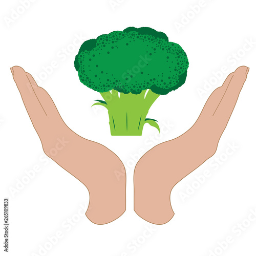 Vector silhouette of a hand in a defensive gesture protecting a broccoli. Symbol of vegetable, food, agriculture, protection, fresh, vegan, vegetarian, frutarian.