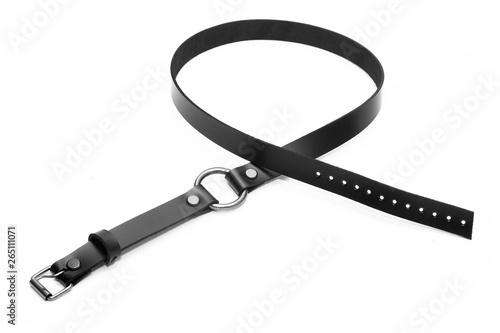 Black leather collar on a white background. Side view